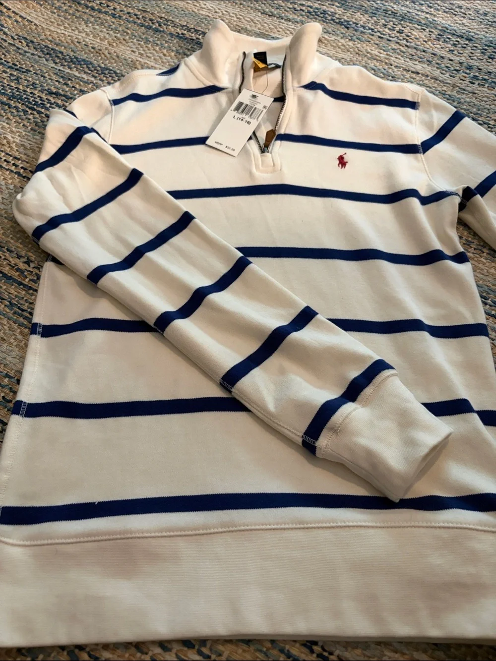 Ralph Lauren White Pullover with Navy Stripes